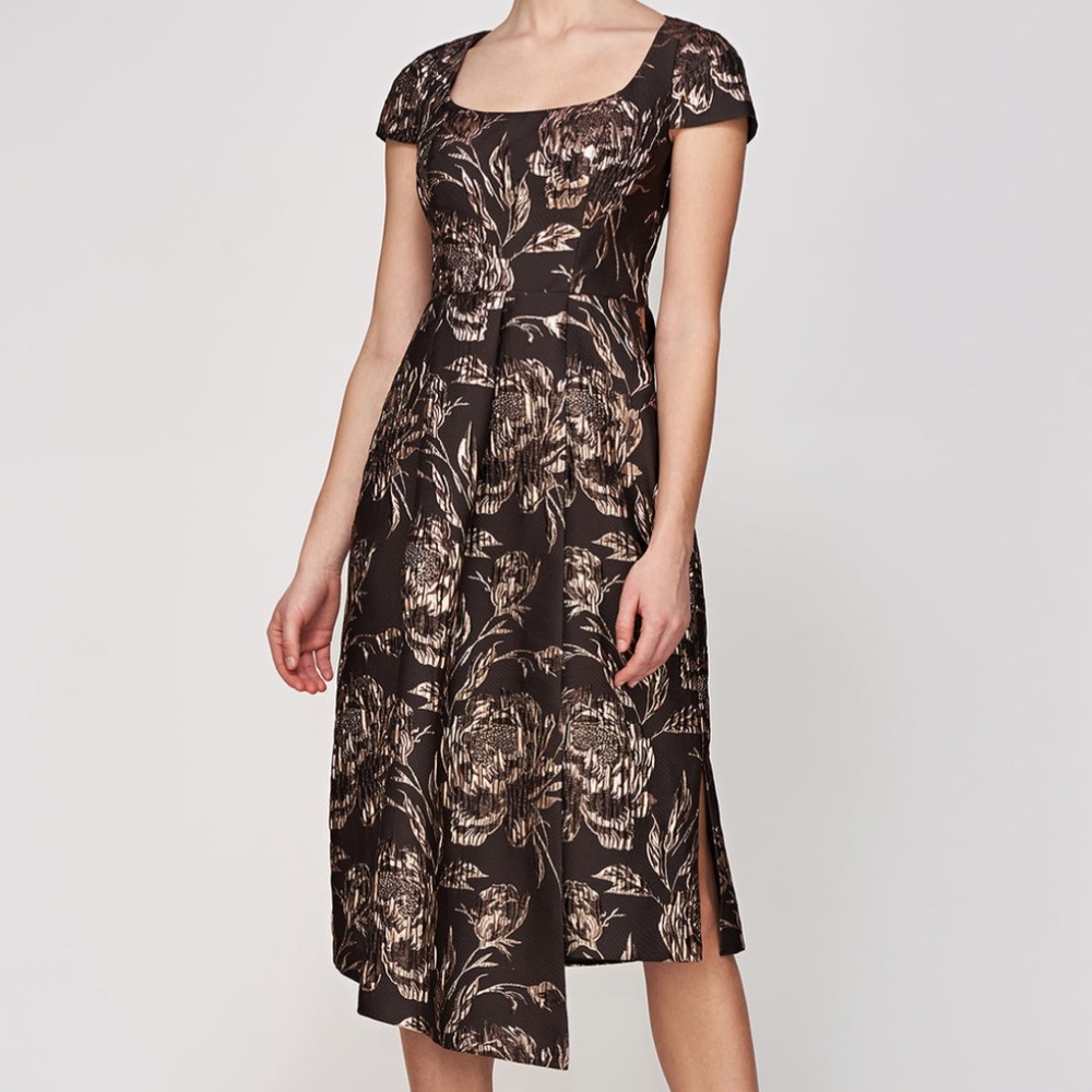 Kay Unger Marjorie Midi Dress Brown Gold Espresso Floral Metallic 6 NWT